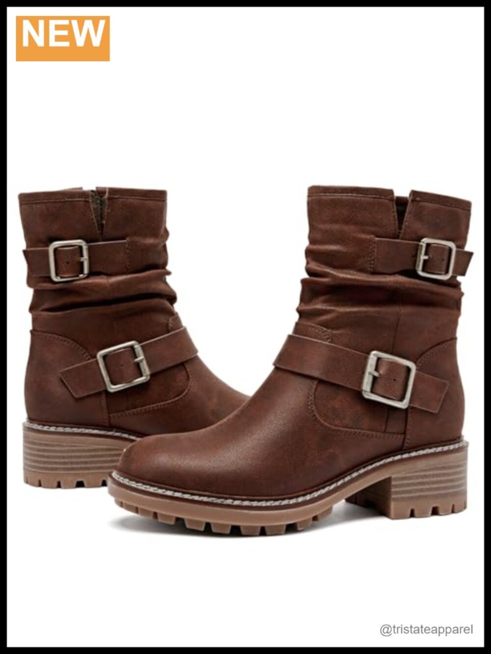 Women's Ankle Boots Low Heel Combat Booties Round Toe Side Zipper Non-Slip